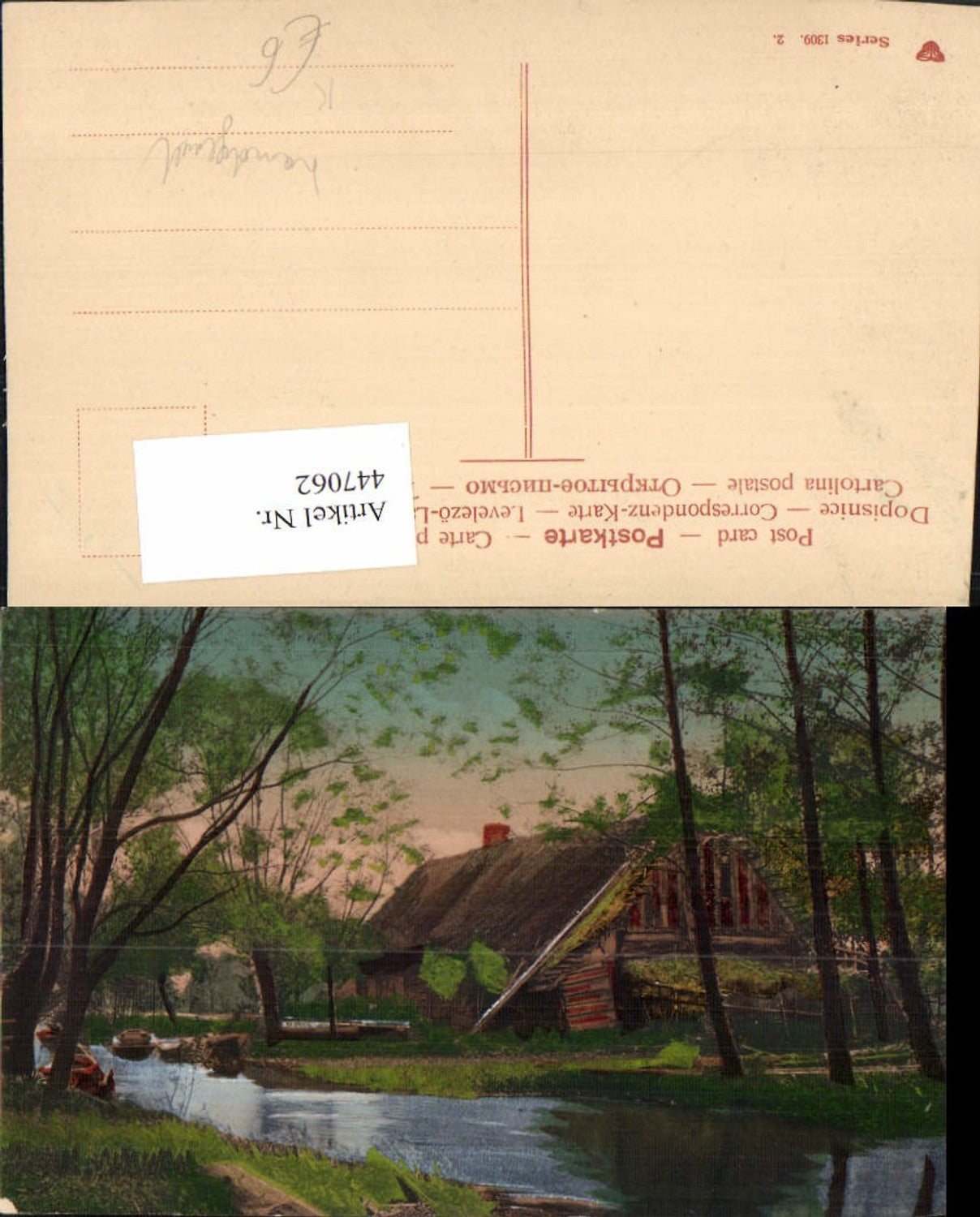 447062, Artist AK Hand-painted Landscape River House Boats