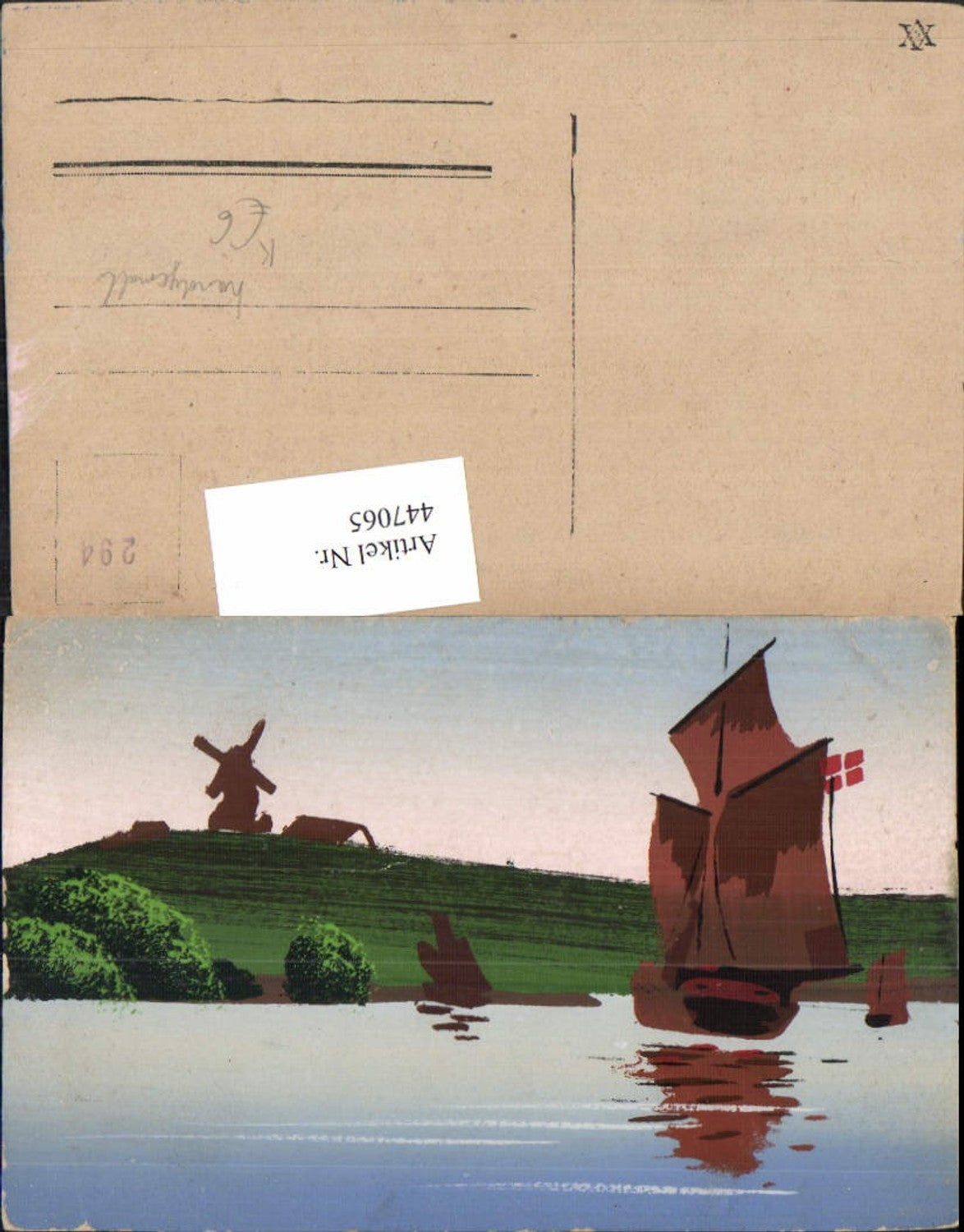 447065,Künstler AK Handgemalt Landschaft Segelboot Windmühle