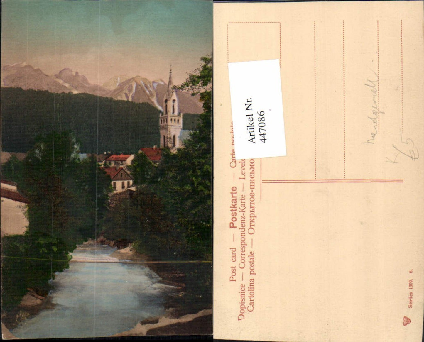 447086,Künstler AK Handgemalt Dorf Kirche Fluss Bergkulisse