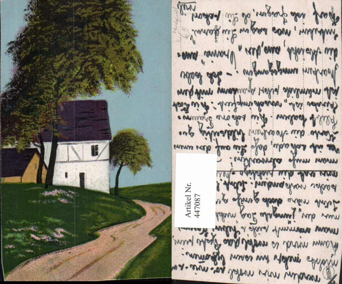 447087,Künstler AK Handgemalt Landschaft Haus Bäume Wegpartie