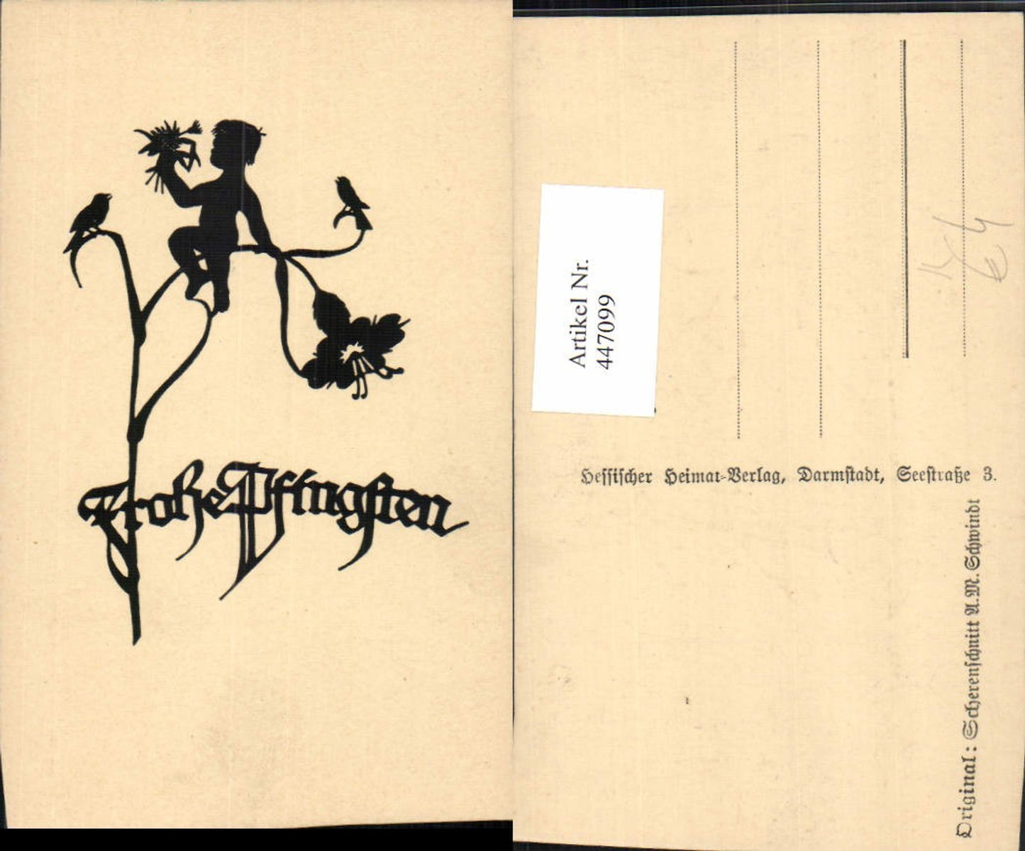 447099,Künstler AK Scherenschnitt Silhouette A. M. Schwindt Pfingsten Blume Bub Vögel