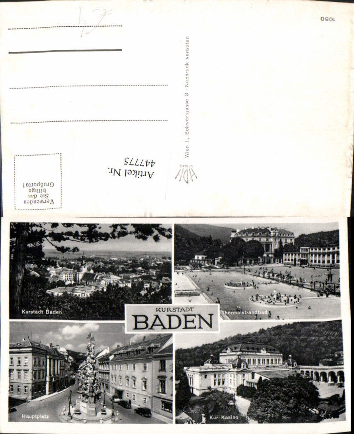 447775,Baden Totale Thermalbad Hauptplatz Pestsäule Kasino Mehrbildkarte