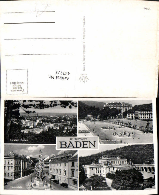 447775,Baden Totale Thermalbad Hauptplatz Pestsäule Kasino Mehrbildkarte