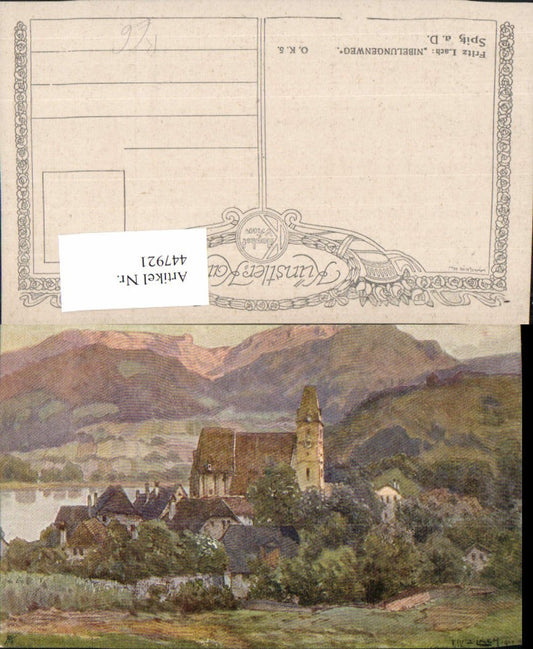 447921,Künstler AK Fritz Lach Spitz an d. Donau Teilansicht Kirche pub Kilophot