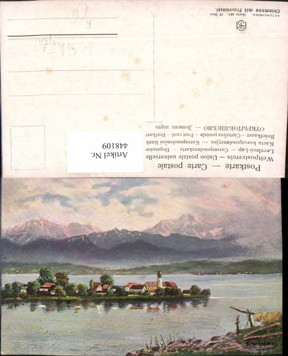 448109,Künstler AK L. Schröpler Chiemsee m. Fraueninsel Bergkulisse