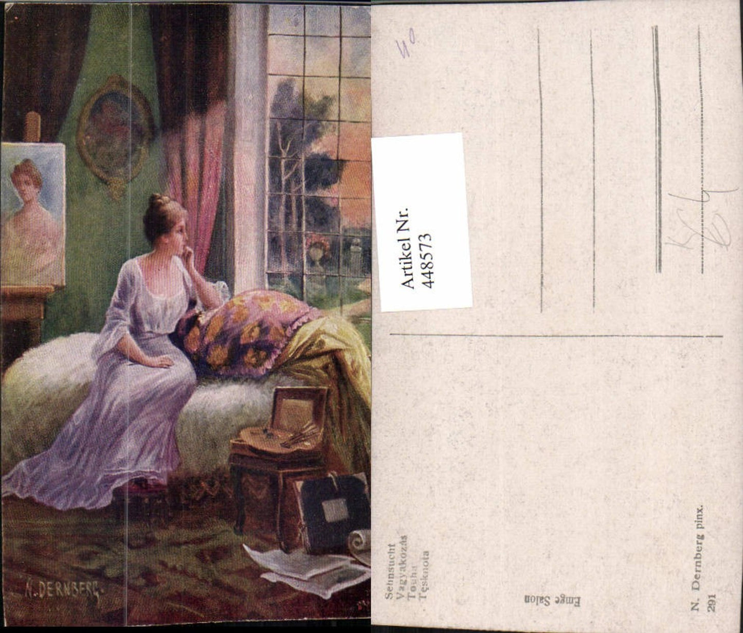 448573,Künstler AK N. Dernberg Sehnsucht Frau m. Kleid Couch Fenster