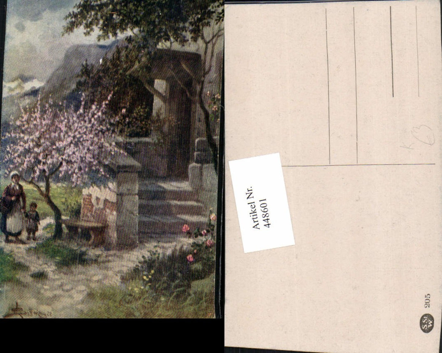 448601,Künstler AK L. Schweiger Haus Motiv Stiege Frau m. Kind Baumblüte