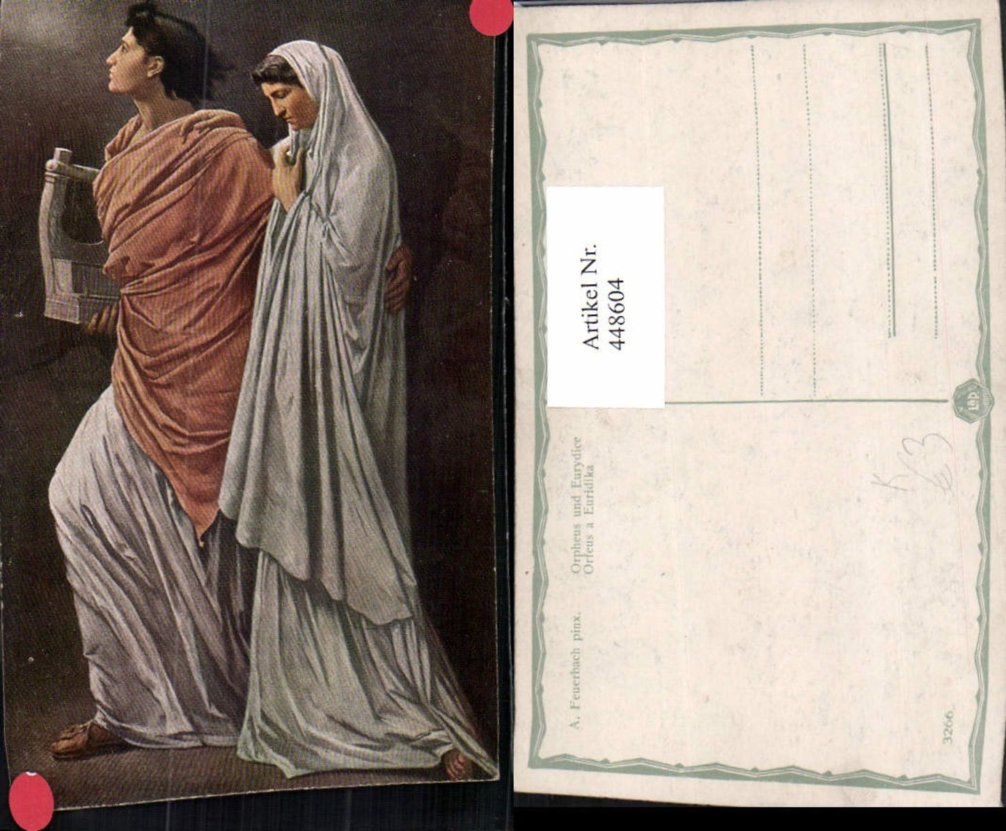 448604,Künstler AK A. Feuerbach Orpheus und Eurydice Paar Handharfe