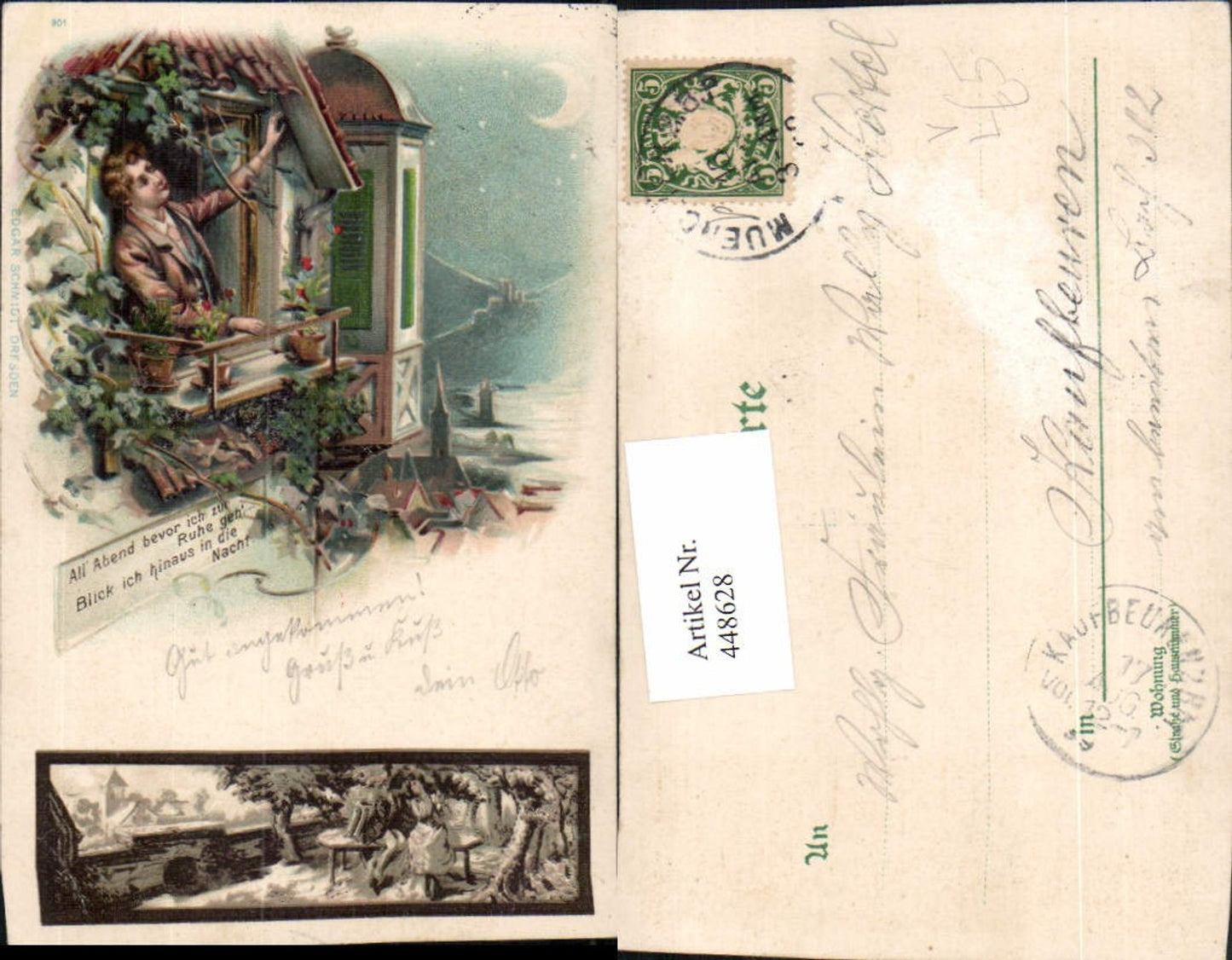 448628,Künstler Litho Stadt Mondschein Mann Fenster Spruch pub Edgar Schmidt