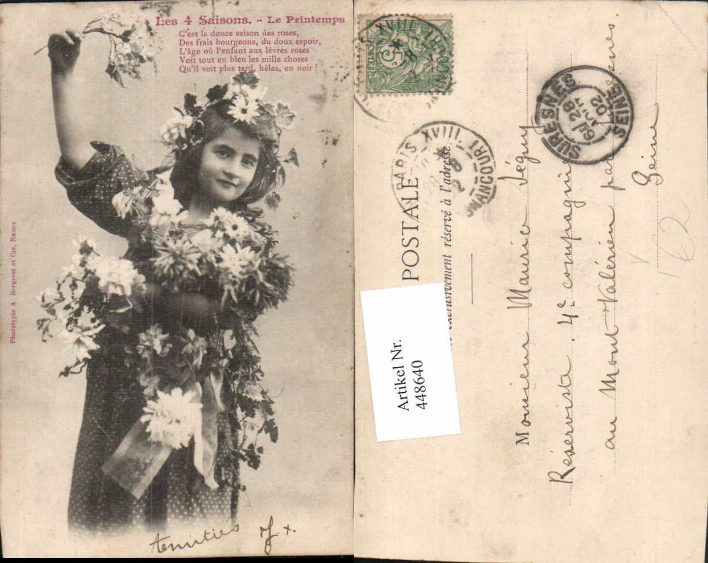448640,Les 4 Saisons Le Printemps Kind Mädchen m. Blumen pub Phototypie A. Bergeret