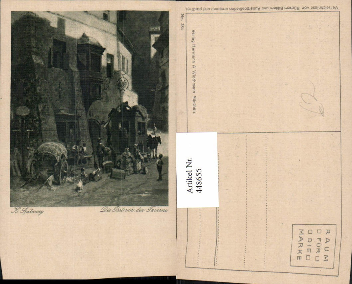 448655,Künstler AK K. Spitzweg Die Post vor der Taverne Postkutsche Kutsche