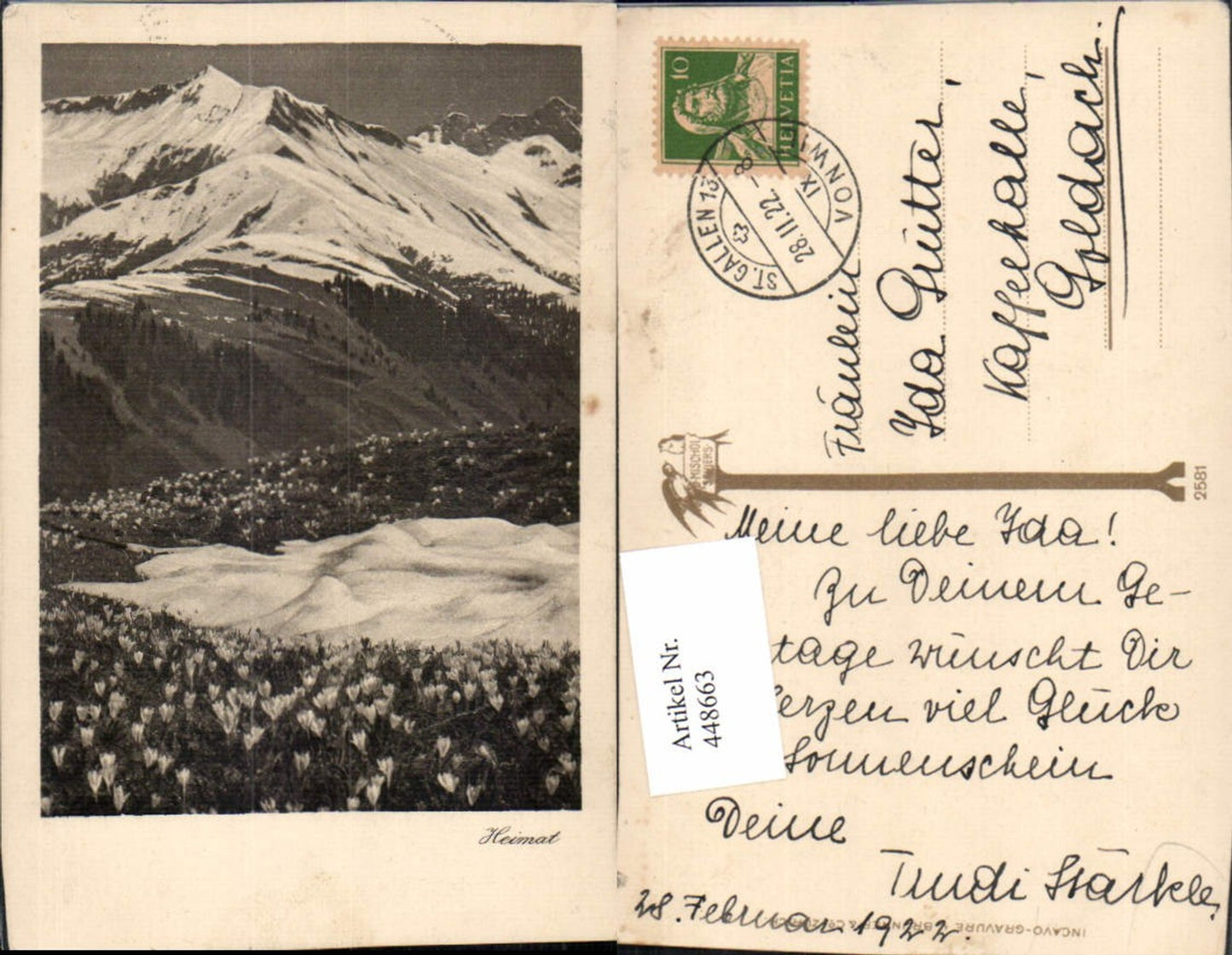 448663,Foto Incavo Gravure Brunner & Co Zürich Schweiz Landschaft Krokusse Bergkulisse