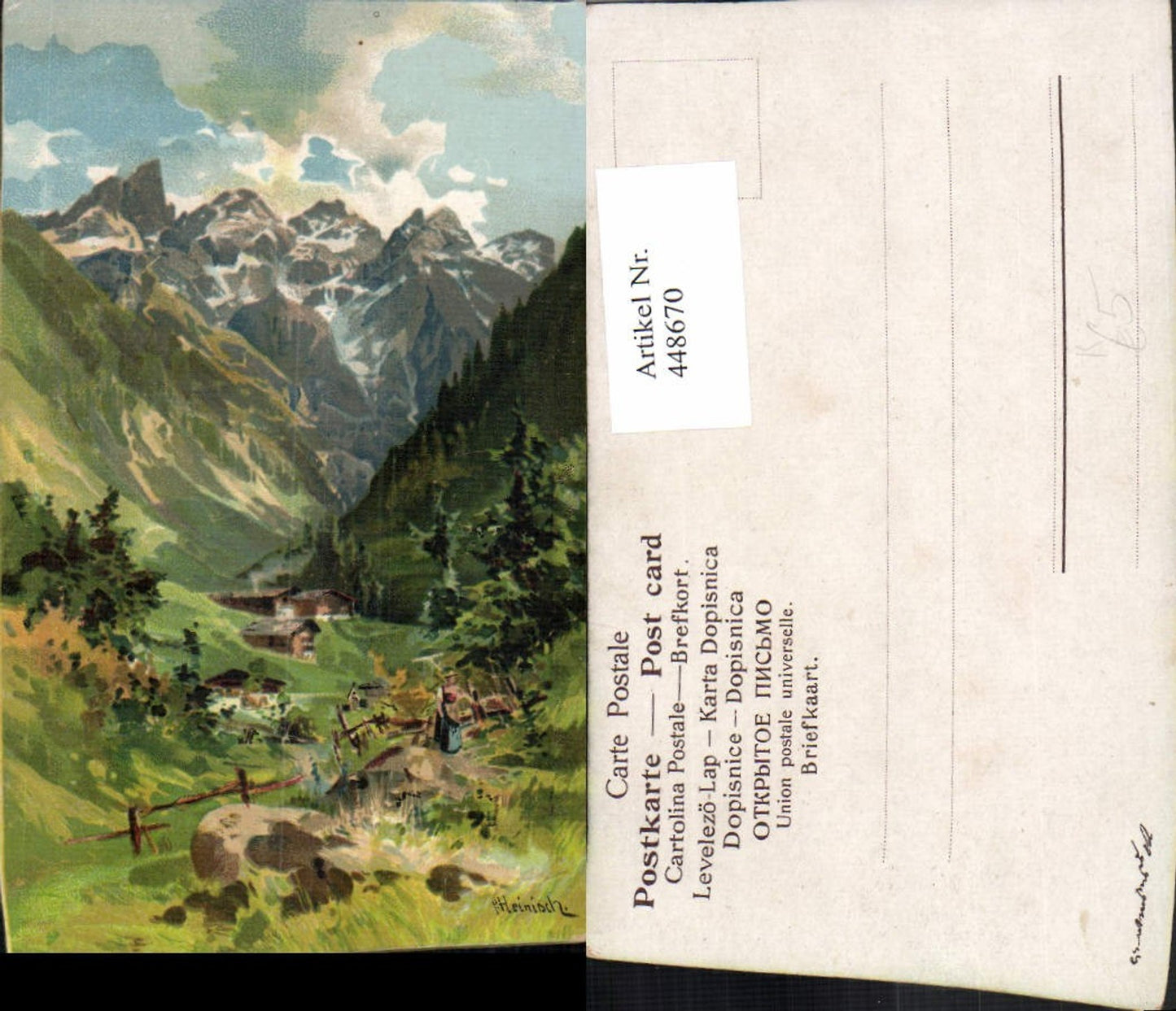 448670,Künstler AK P. Heinisch Landschaft Almhütten Bergkulisse