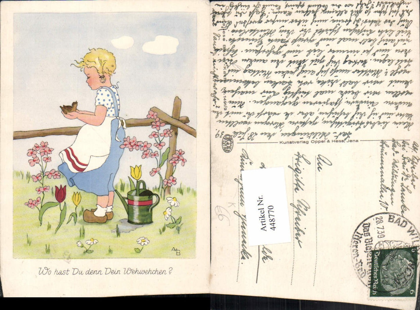 448770,Künstler AK Anneliese Bauer 1491/2 Mädchen Vogel Gießkanne Blumen