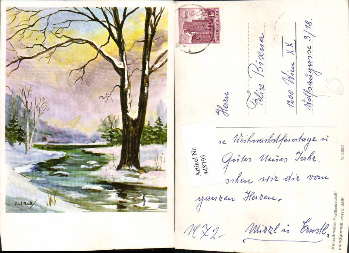 448793,Künstler AK E. Bailly Verschneite Flusslandschaft Winterlandschaft