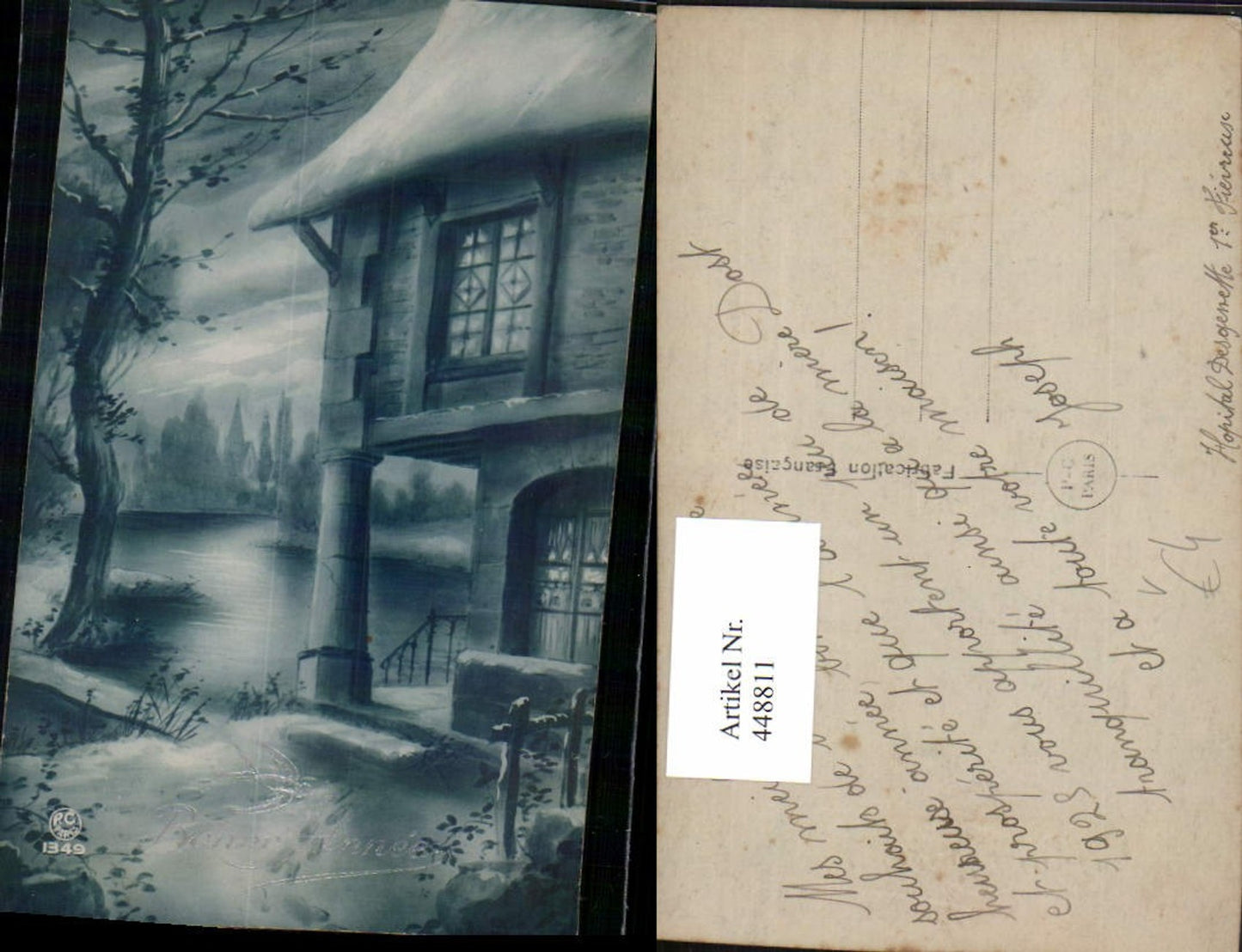 448811,Künstler AK Haus Säule Fluss Winterbild pub P.C. Paris 1349