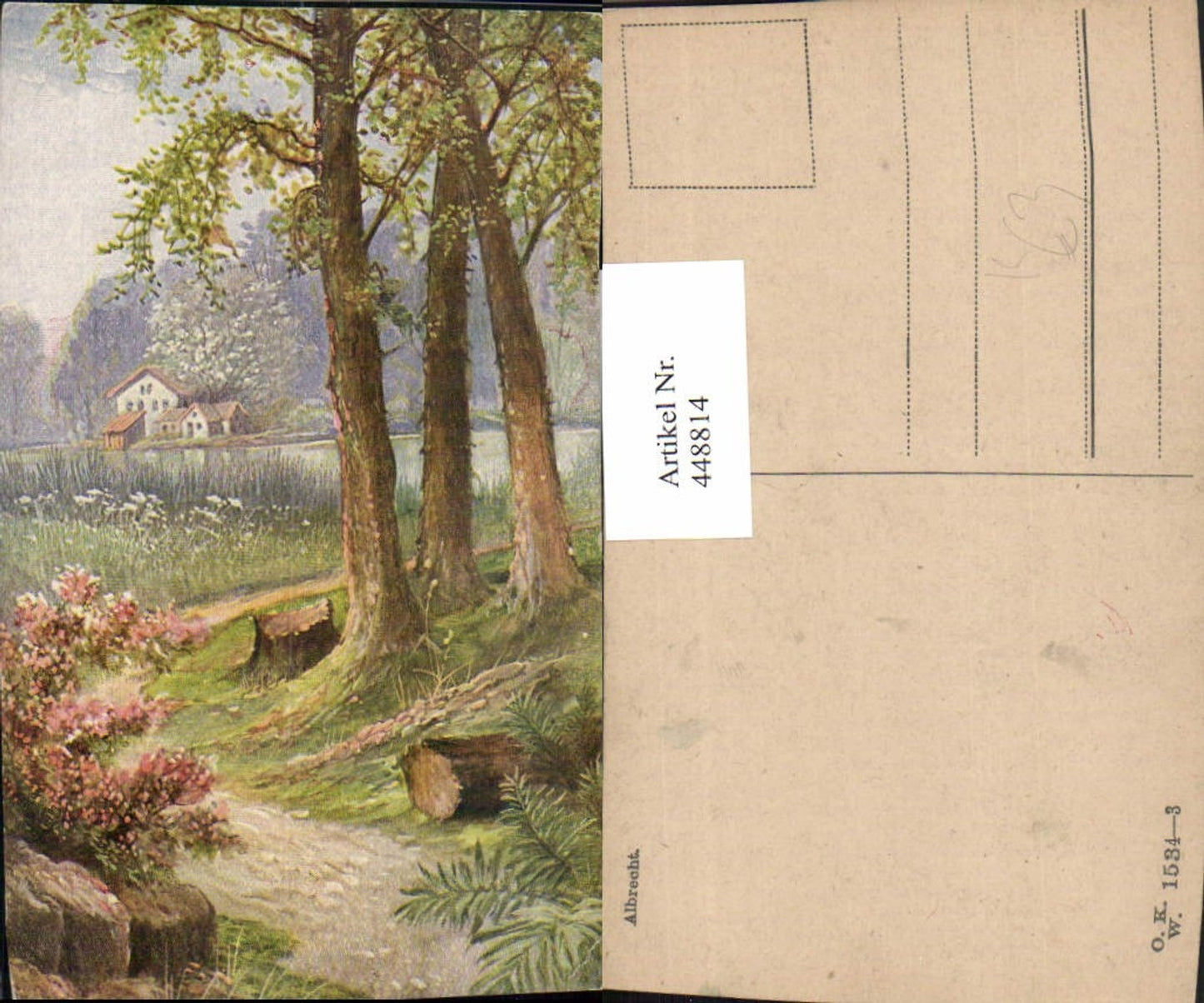 448814,Künstler AK Albrecht Landschaft Wegpartie Bäume Haus