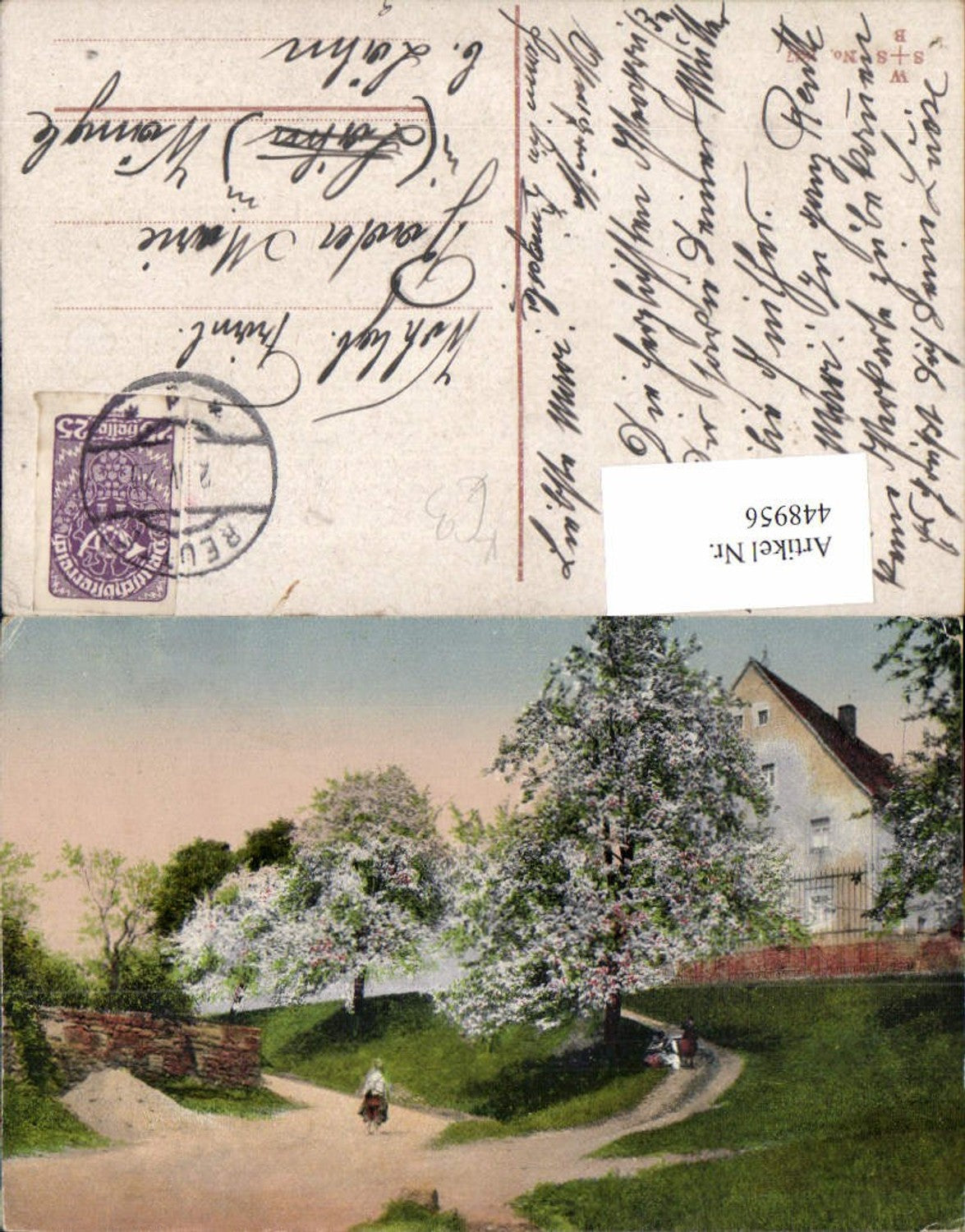 448956,Künstler AK Landschaft Haus Baumblüte Wegpartie