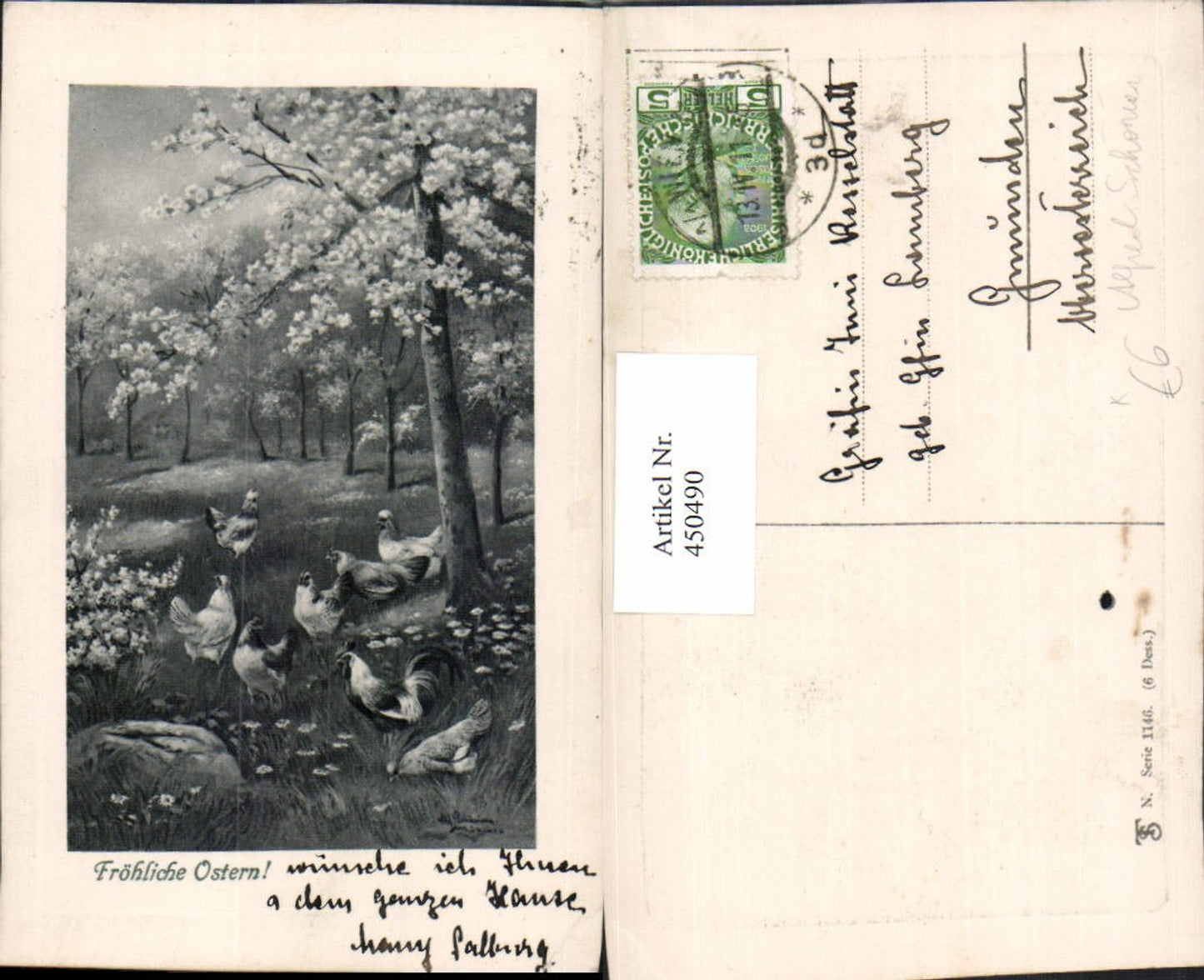 450490,Künstler AK Alfred Schönian Ostern Landschaft Hühner Baumblüte