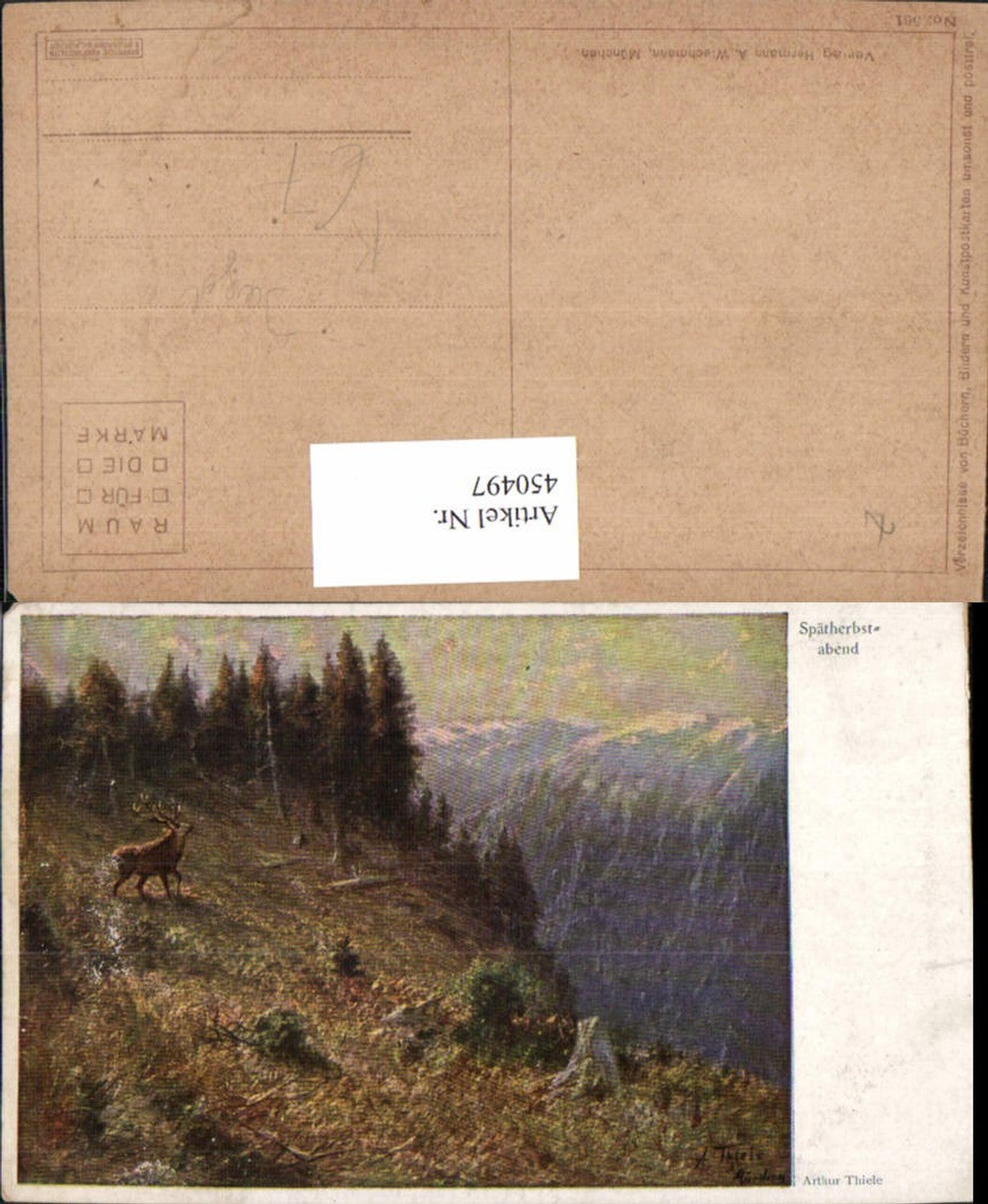 450497,Künstler AK Arthur Thiele Spätherbstabend Jagd Hirsch
