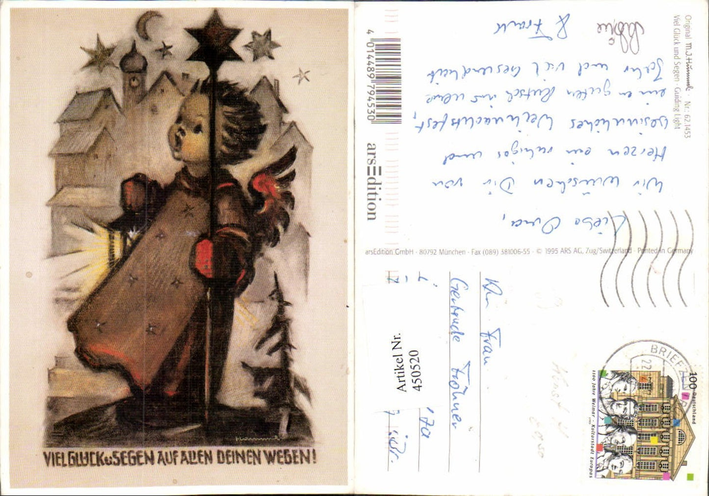 450520,Künstler AK Berta Hummel Viel Glück u. Segen Engel Laterne Sterne