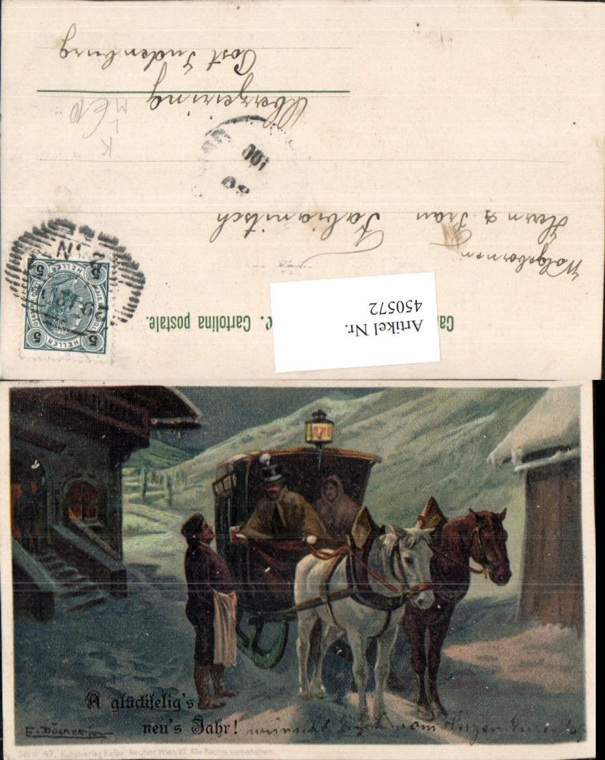 450572,Künstler Litho E. Döcker jun. Neujahr Pferdeschlitten Pferde