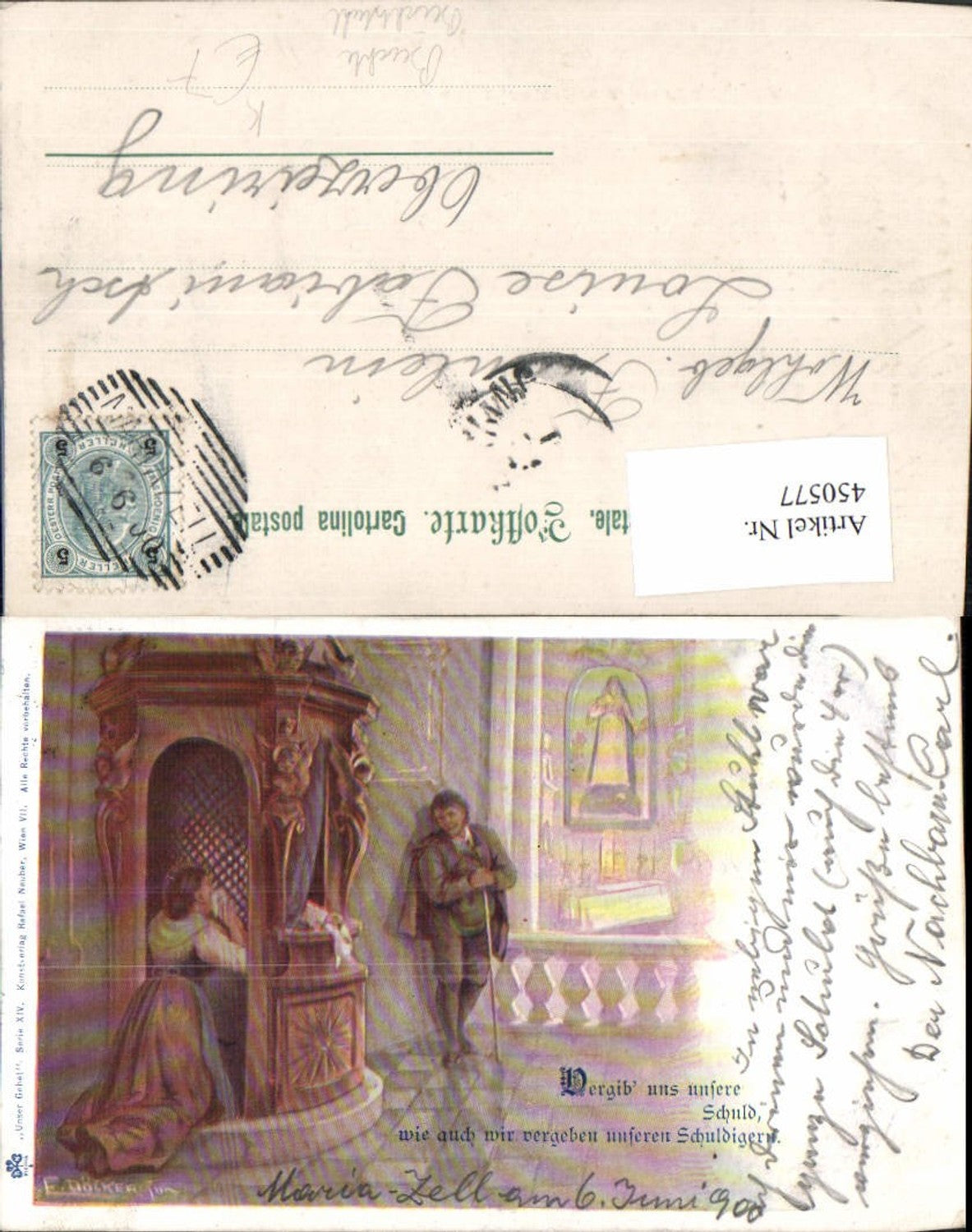 450577, Artist Lithograph E. Döcker Jr. Forgive us our trespasses Confessional Confession