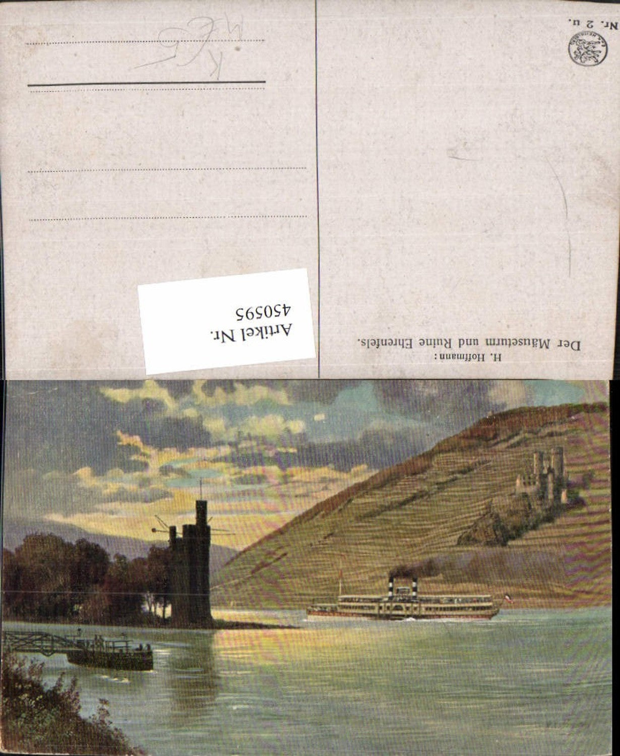 450595,Künstler AK Heinrich Hoffmann Mäuseturm Turm u. Ruine Ehrenfels Dampfer