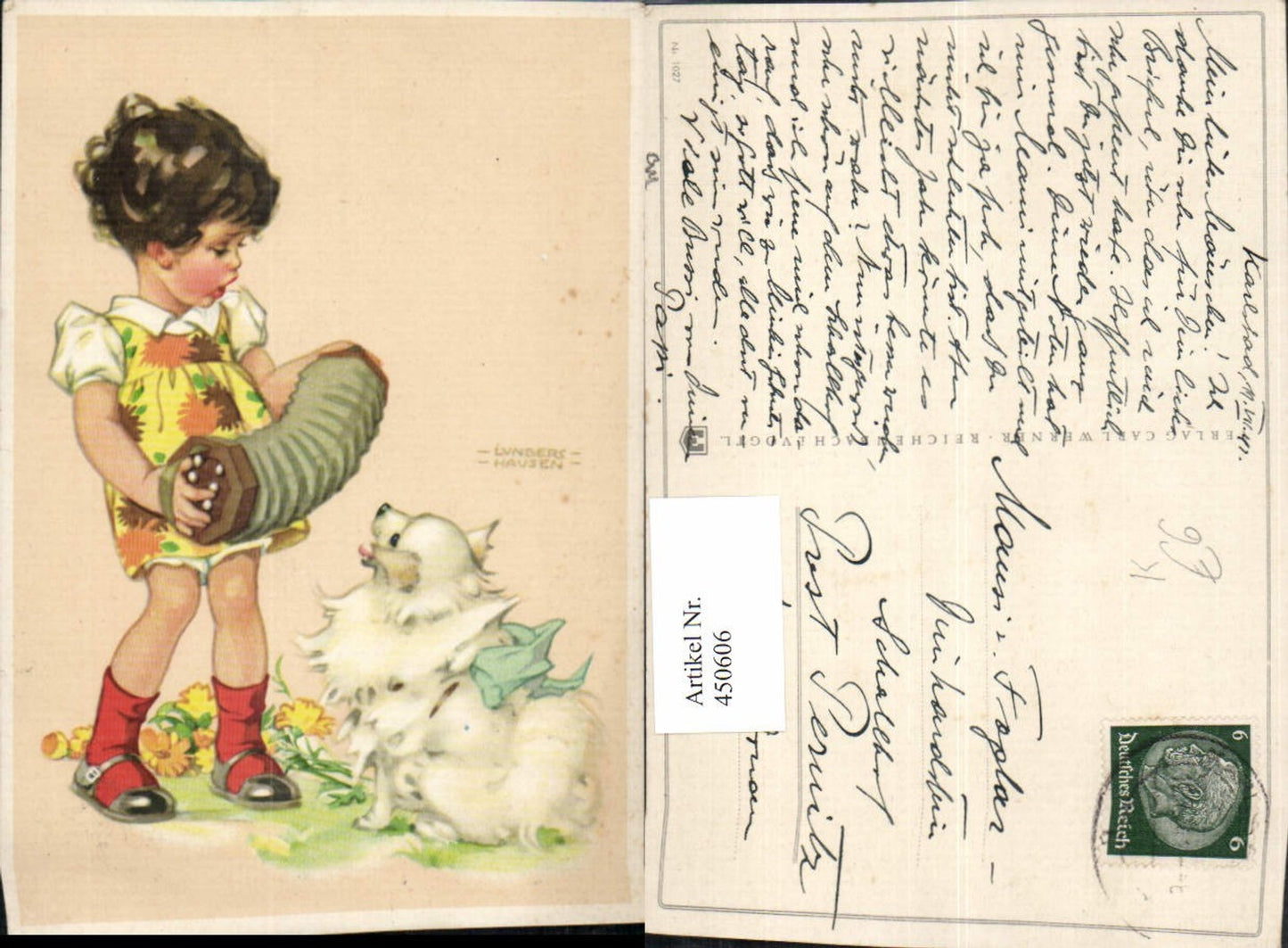 450606,Künstler AK Ilse-Wende Lungershausen Kind Ziehharmonika Hund