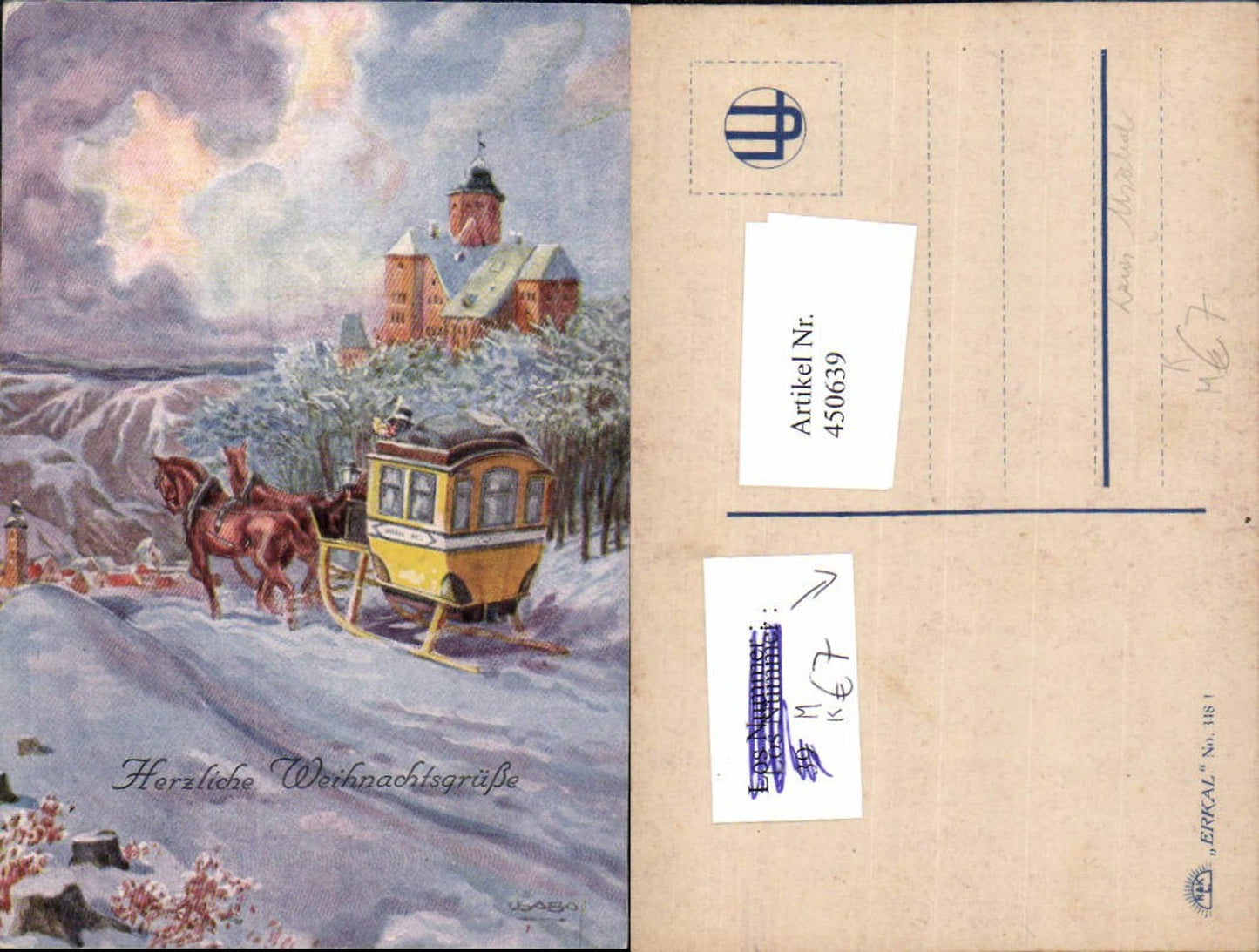 450639,Künstler AK Louis Usabal Postschlitten Pferde Schloss Winterbild
