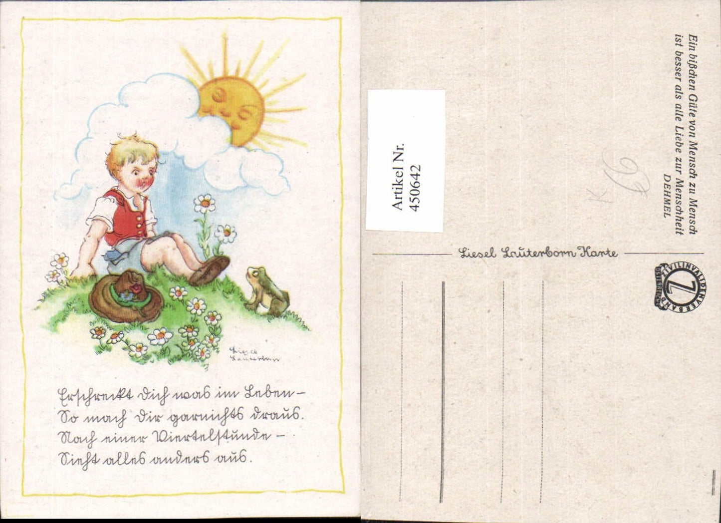 450642,Künstler AK Liesel Lauterborn Bub Junge Hut Frosch Sonnengesicht