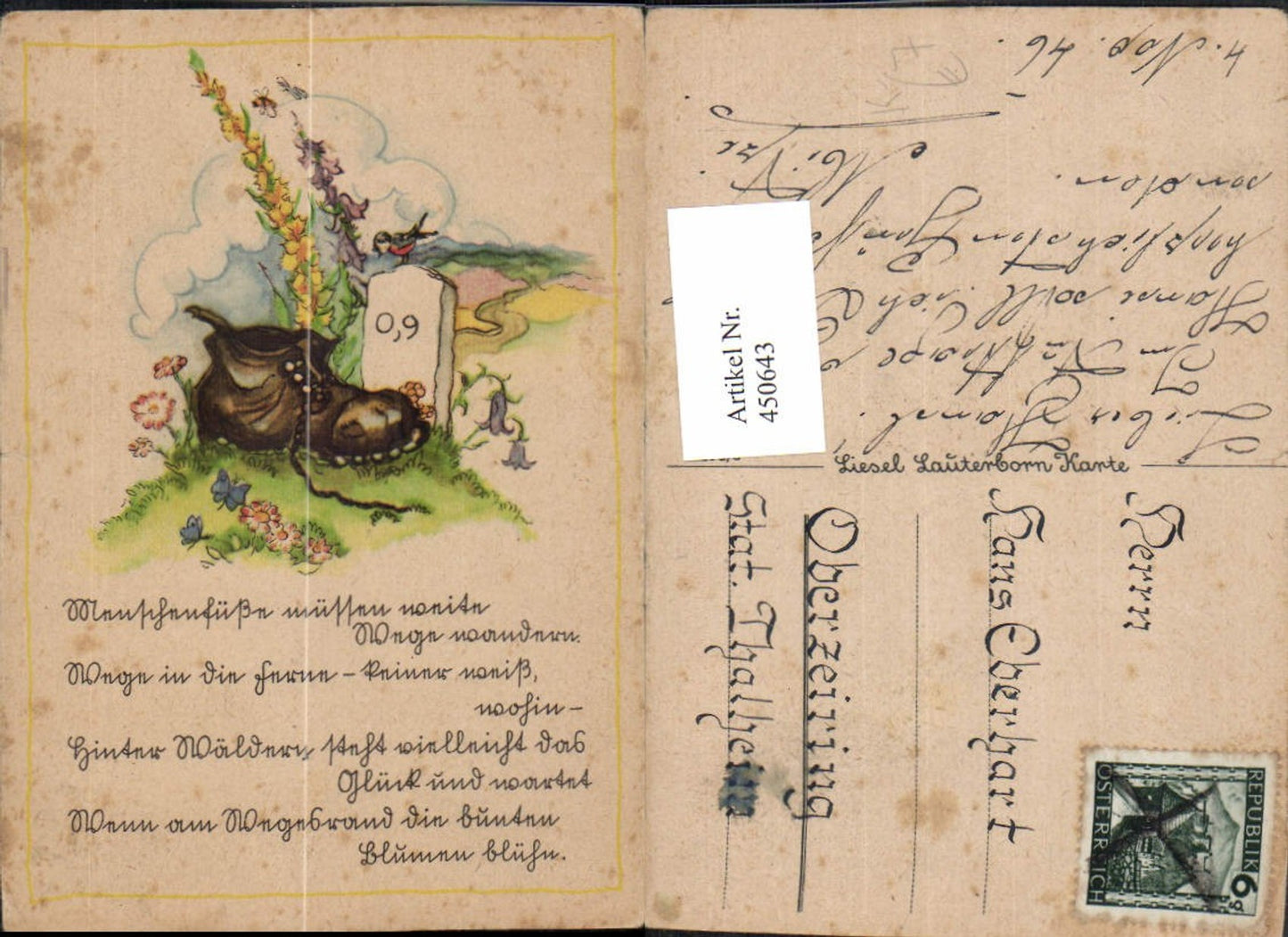 450643,Künstler AK Liesel Lauterborn Meilenstein Schuhe Blumen Text