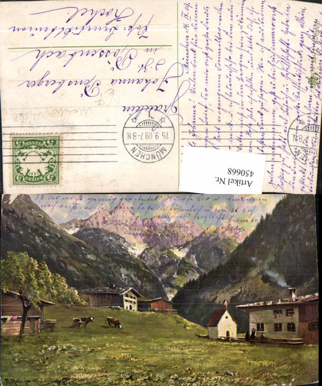450668,Künstler AK Moritz Müller München Dorf Landschaft Bergkulisse
