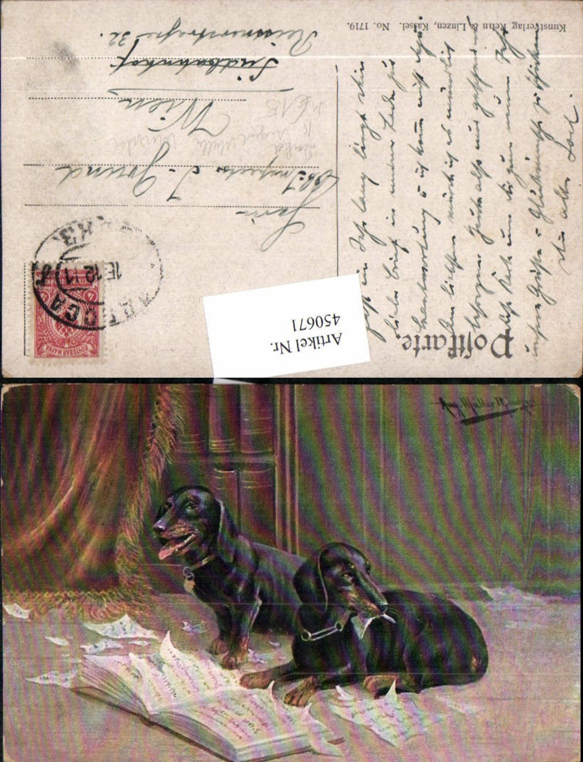 450671,Künstler AK Moritz Müller München Hunde Dackel Buch Papierfetzen