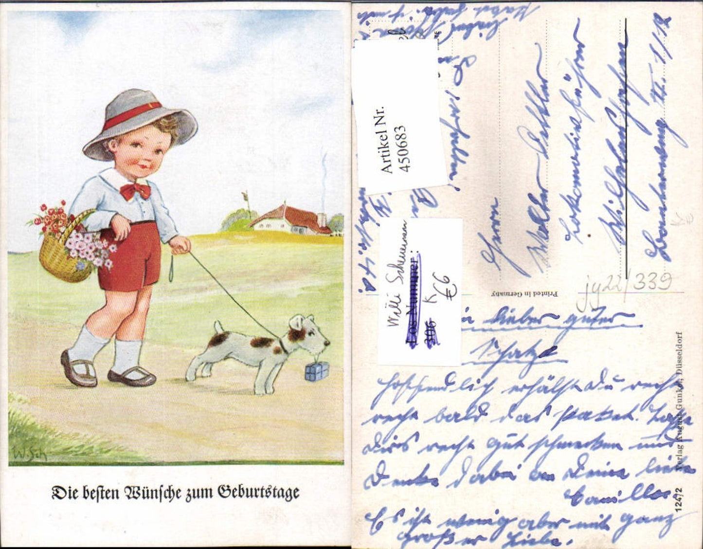 450683,Künstler AK Willi Scheuermann John Wills Kind m. Hut Korb Hund Geschenk