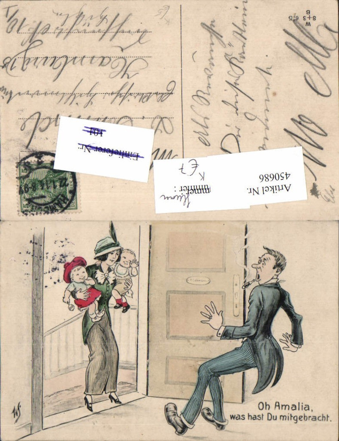 450686,Künstler AK Willi Scheuermann John Wills Humor Mann Zigarre Frau Tür Kinder