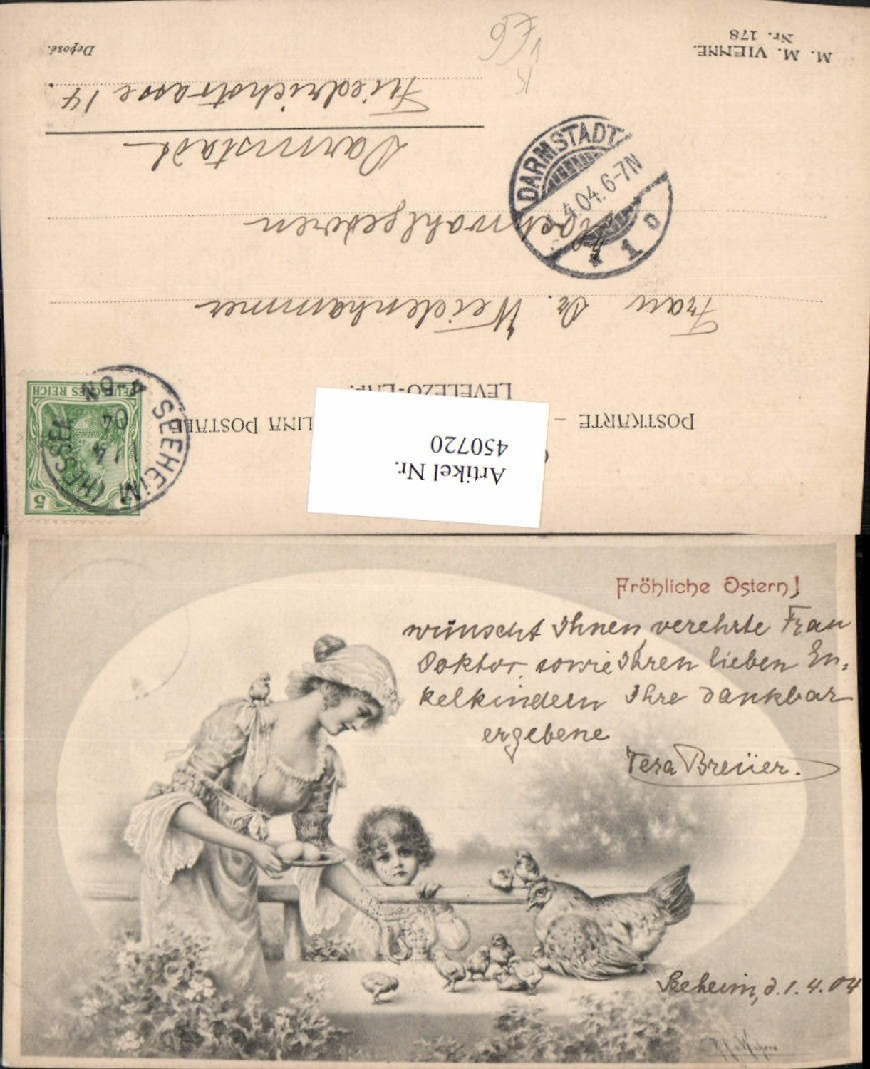 450720,M. Munk Vienne 178 Künstler R.R. v. Wichera Ostern Frau Mutter Kind Küken