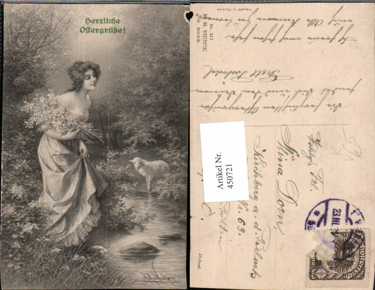 450721,M. Munk Vienne 517 Künstler R.R. v. Wichera Ostern Frau Kleid Lamm Blumen