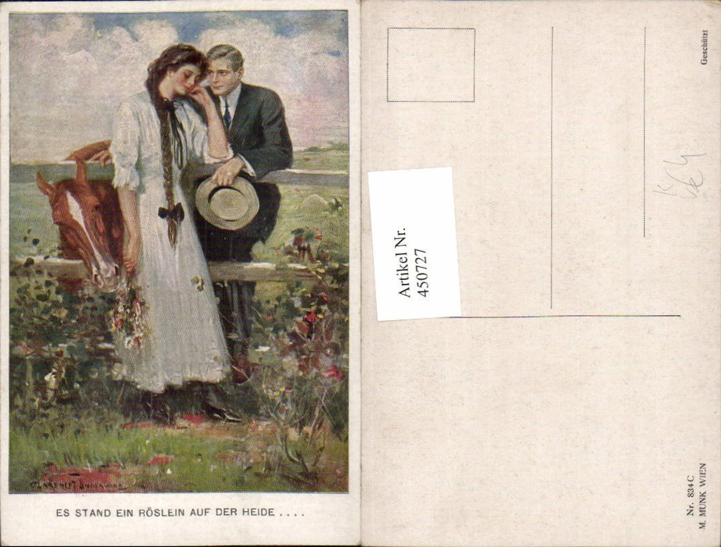 450727,M. Munk Vienne 834C Künstler Clarence F. Underwood Liebe Paar Zopf Pferd