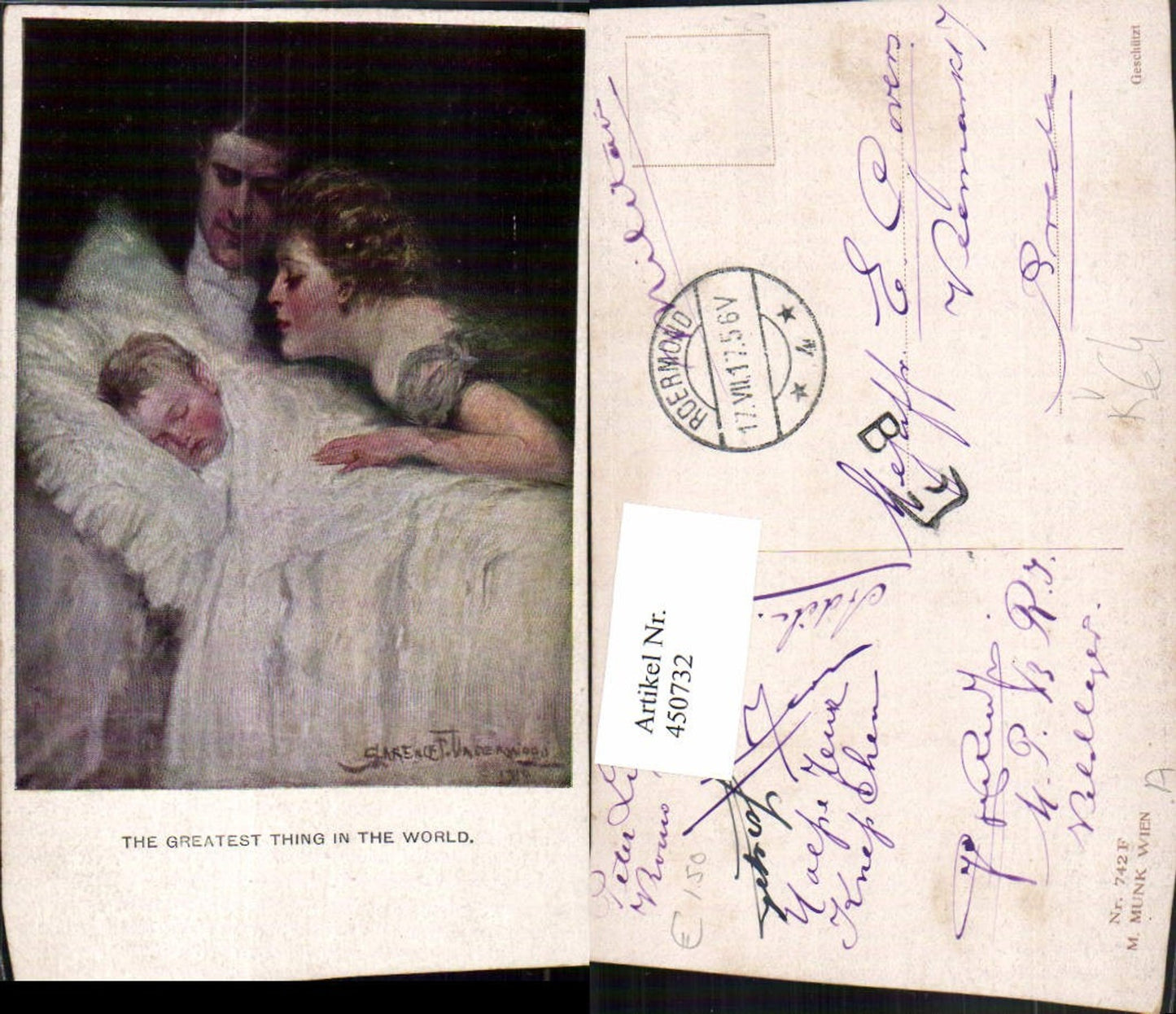 450732,M. Munk Vienne 742F Künstler Clarence F. Underwood Familie Kind Bett