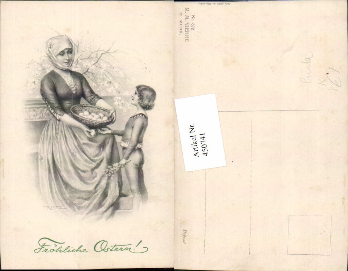 450741,M. Munk Vienne 672 Künstler Hans Printz Ostern Frau Kleid Korb Kind