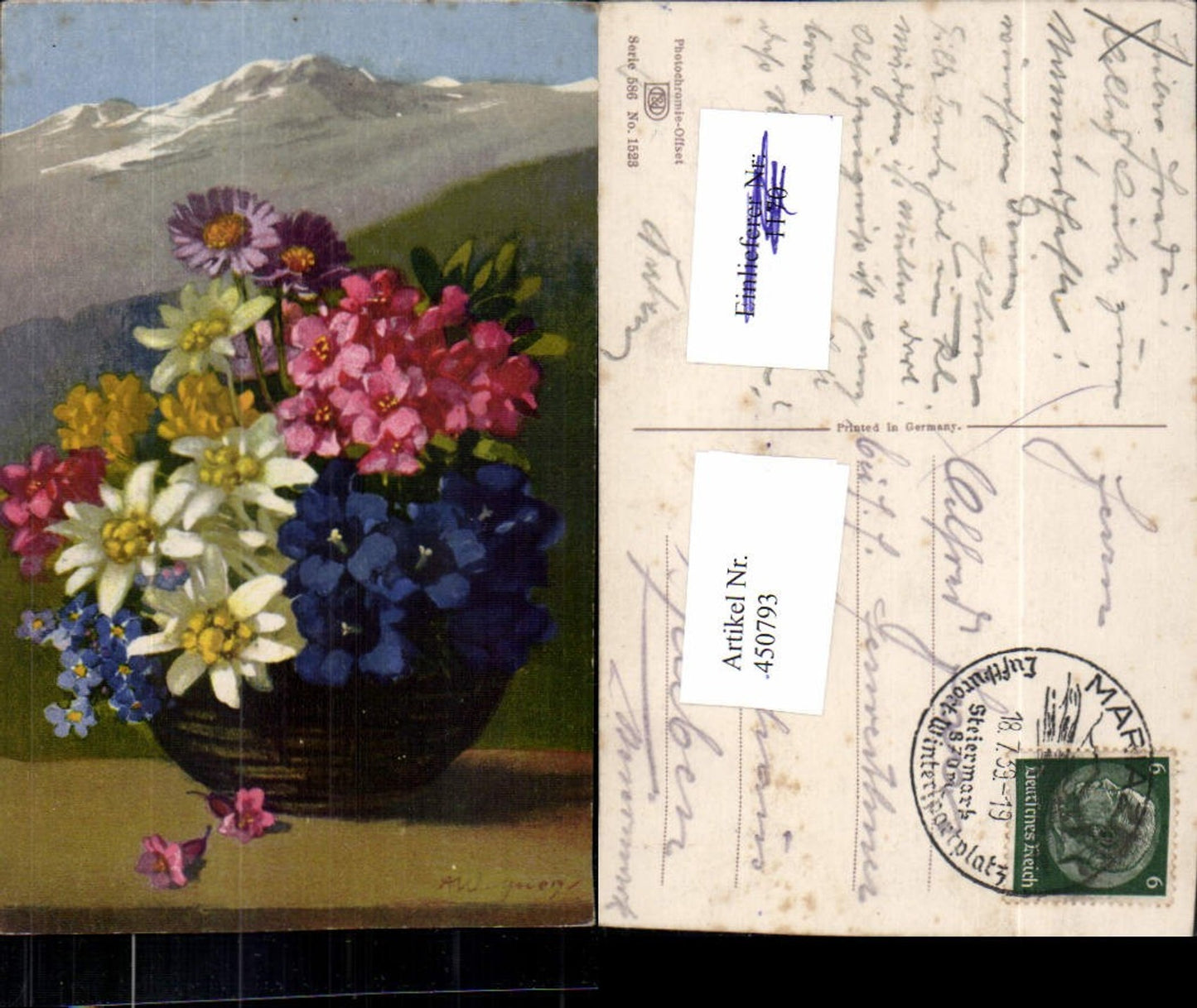 450793,Photochromie Nenke & Ostermaier 586/1523 Künstler A. Wagner Alpenblumen