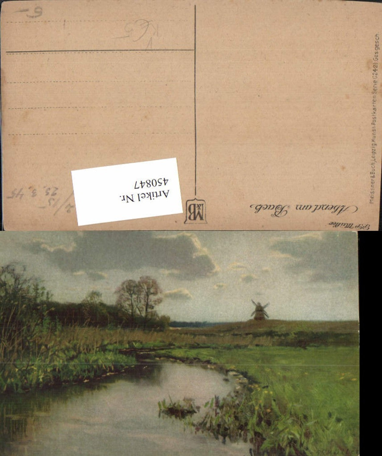 450847,Meissner & Buch 02421 Künstler P.P. Müller Abend am Bach Windmühle
