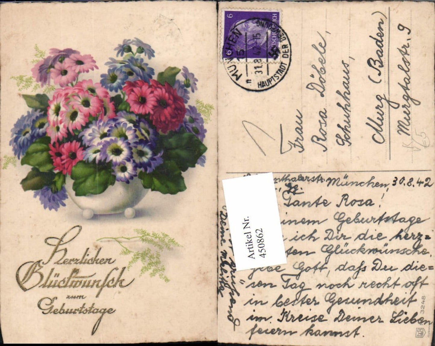 450862,Meissner & Buch 3248 Künstlerkarte Geburtstag Blumen Vase