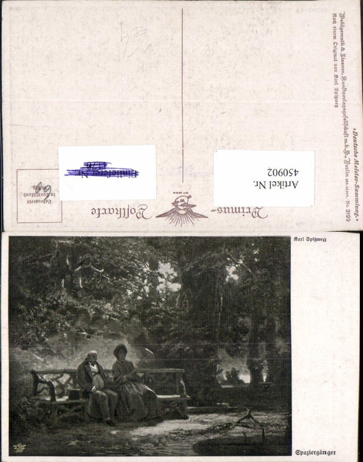 450902,Primus AK 3199 Künstler Karl Spitzweg Spaziergänger Paar Bank