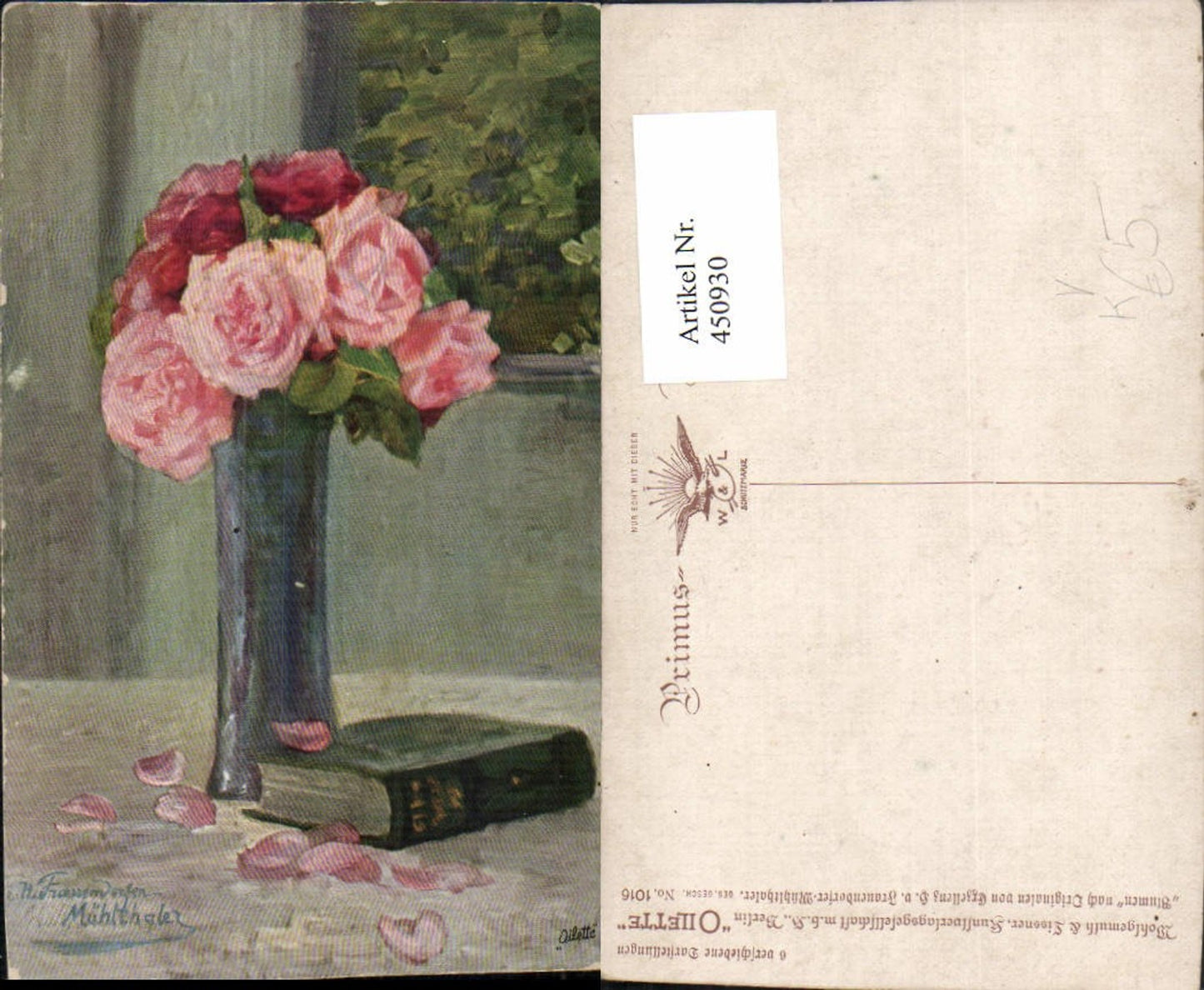 450930,Primus AK 1016 Künstler Frauendorfer-Mühlthaler Rosen Vase Buch