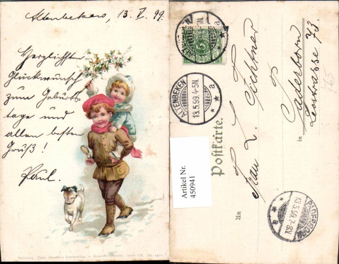 450941,Theo Stroefer 5470 Künstler Litho Kinder Huckepack Hund