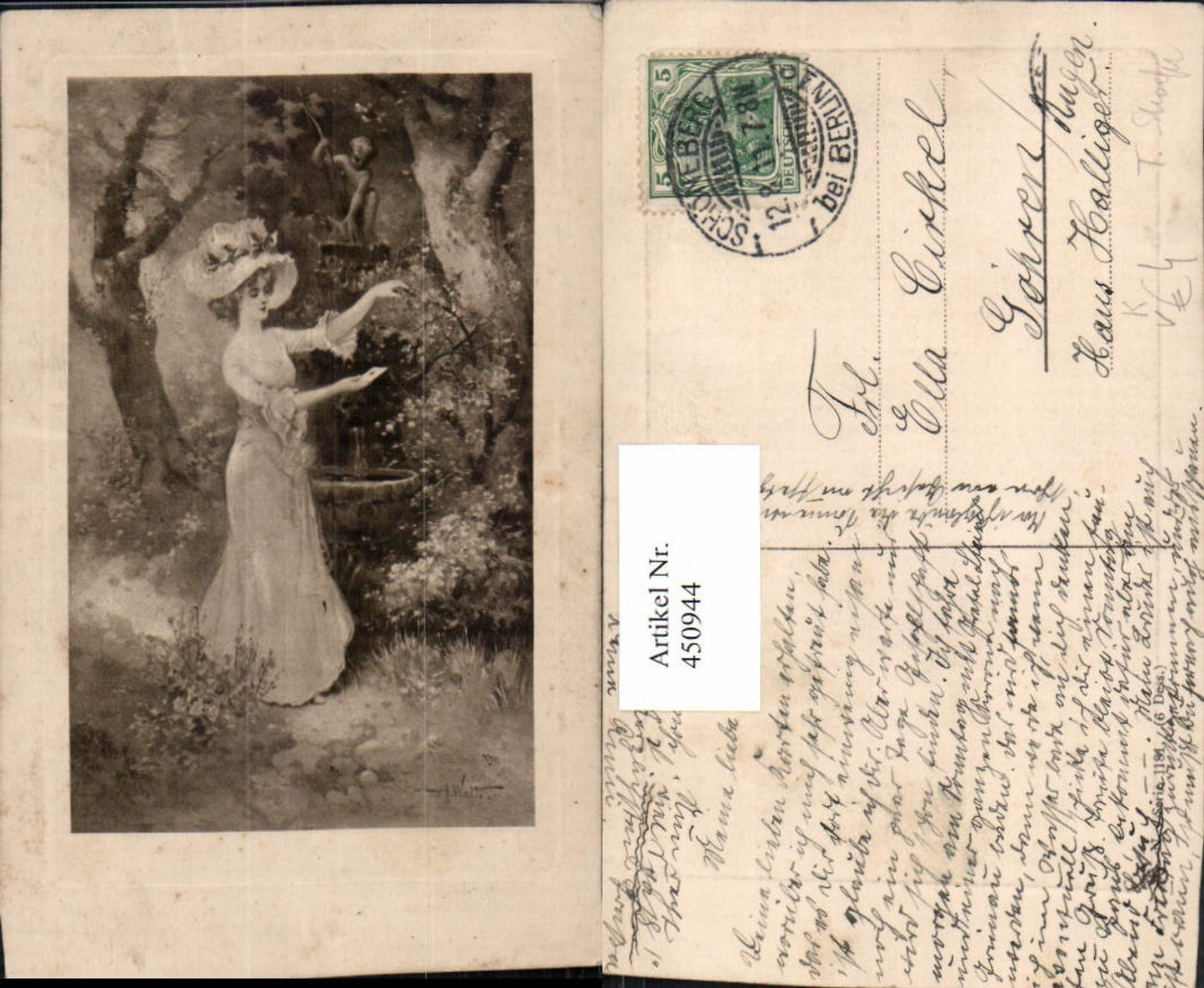450944,Theo Stroefer 1181 Künstlerkarte Frau m. Kleid Hut Brunnen
