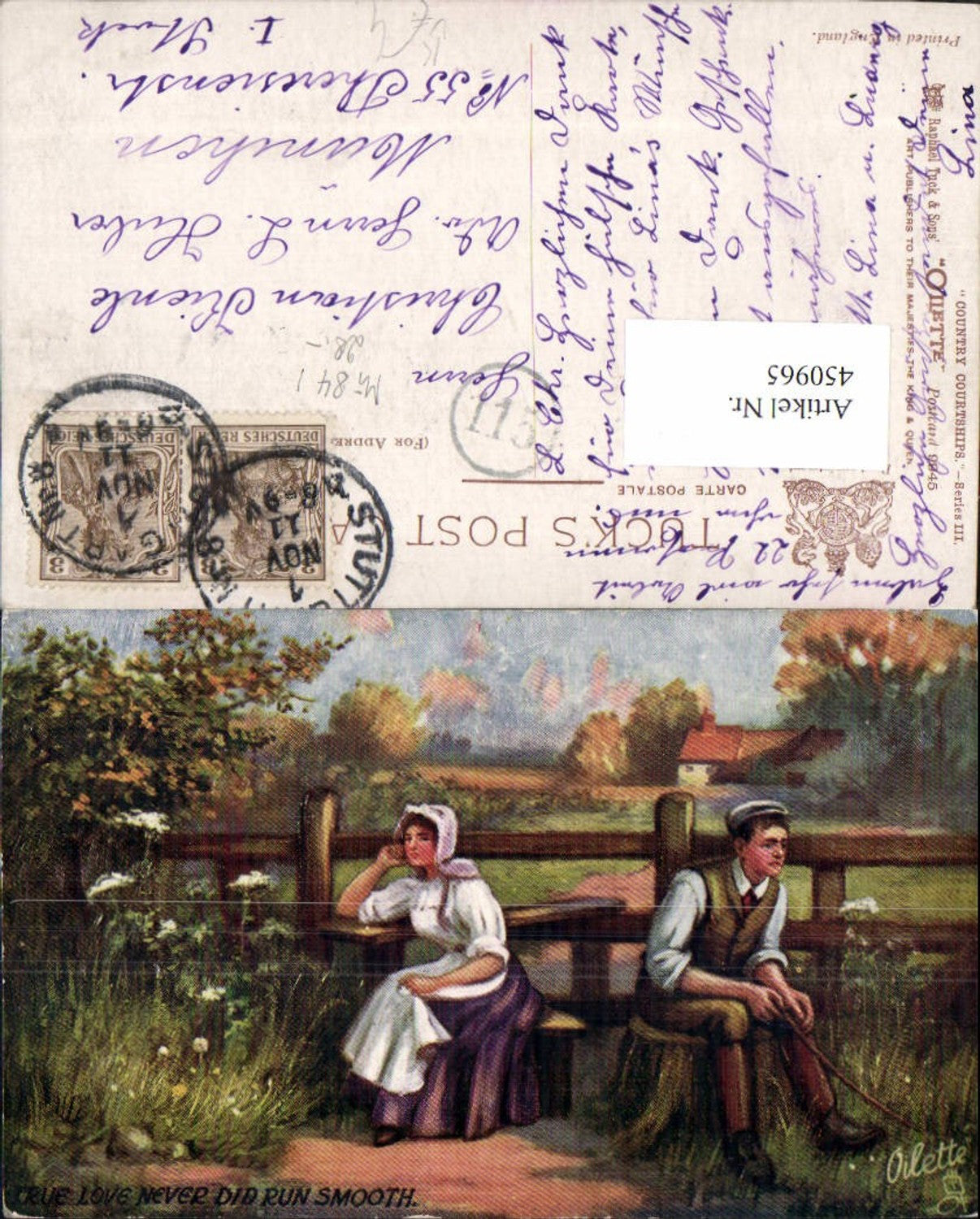450965,Raphael Tuck & Sons 9945 Künstlerkarte True love never did run smooth Liebe