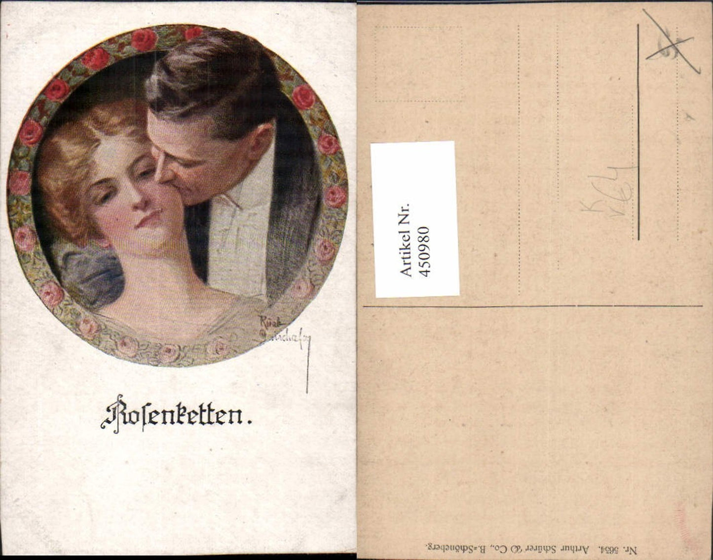 450980,Asco AK 5654 Künstlerkarte Rosenketten Liebe Paar Wangenkuss